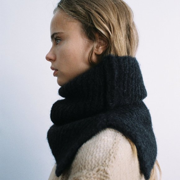 ZARA KNIT‎ BIB WOOL ALPACA WINTER COLLAR PULL ON MOHAIR SCARF ANTHRACITE - Picture 1 of 8
